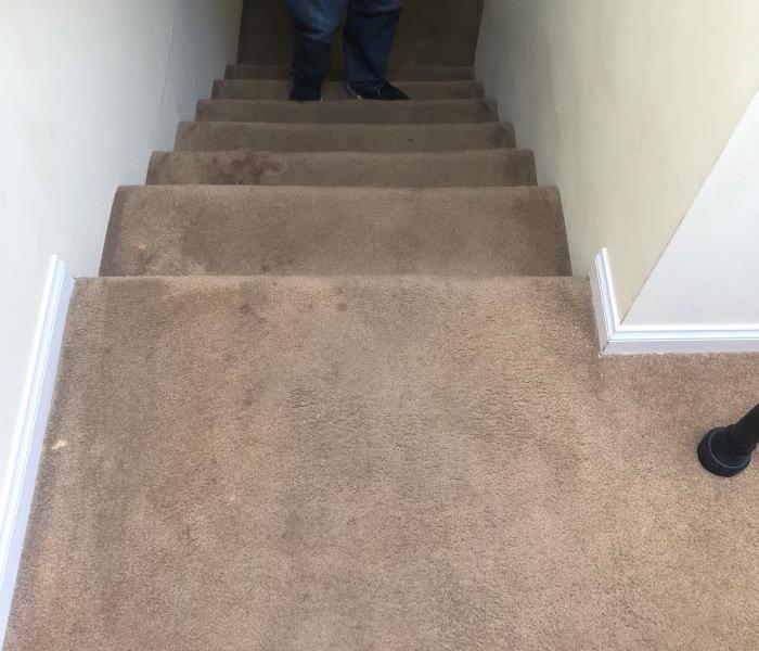 Carpeted stairs with soot damage.