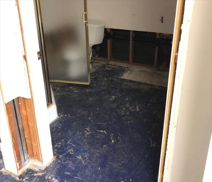 Bathroom floor pulled up and dried out, water removed.